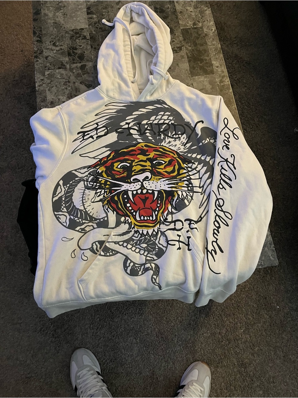 Ed Hardy White Hoodie with Multicolor Tiger & Snake Graphic